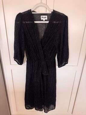 Rouje Black Silk Velvet Burnout Wrap Midi Dress